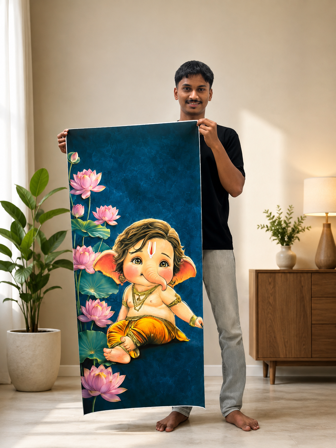 Baby Ganesha Lotus Wall Art – Premium Decorative Painting for Home & Pooja Room