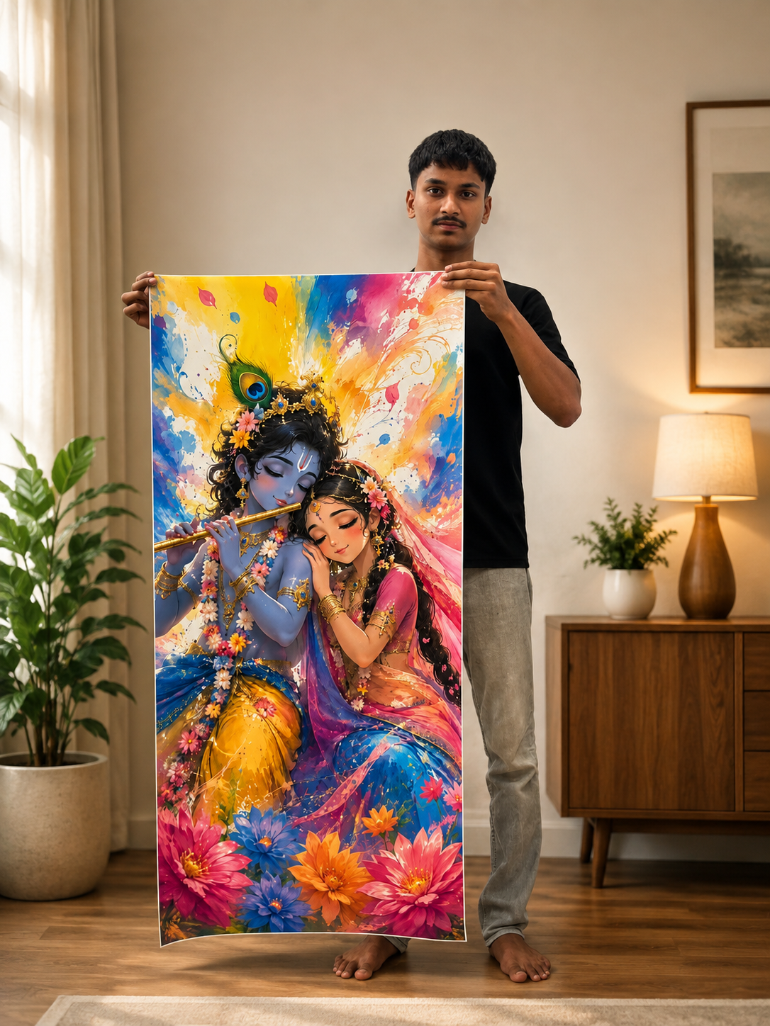 Radha Krishna Premium Wall Art – Vibrant Spiritual Couple Painting for Home Decor